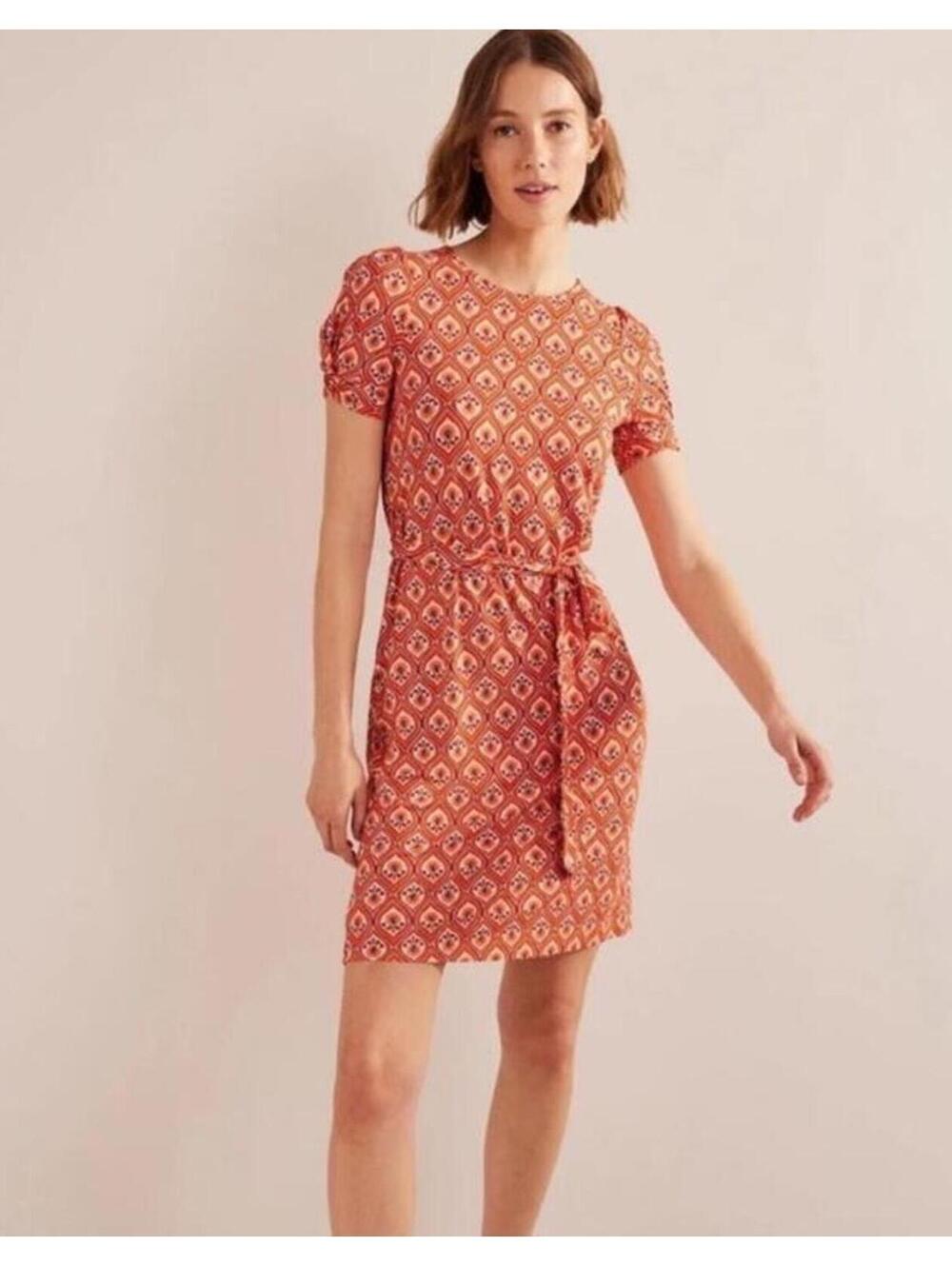 Boden Orange Patterned Knot Detail Jersey Mini Dress 6R